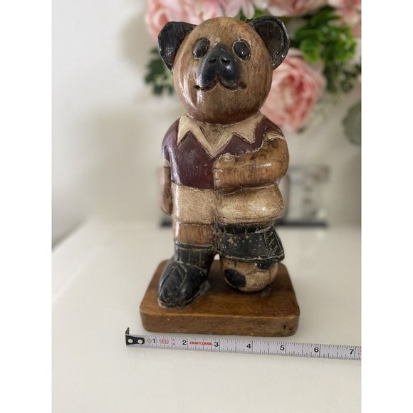 Vintage Wooden Bear Statue Large 10" Soccer Teddy Bear Kids Room Decor Figurine - Picture 14 of 16